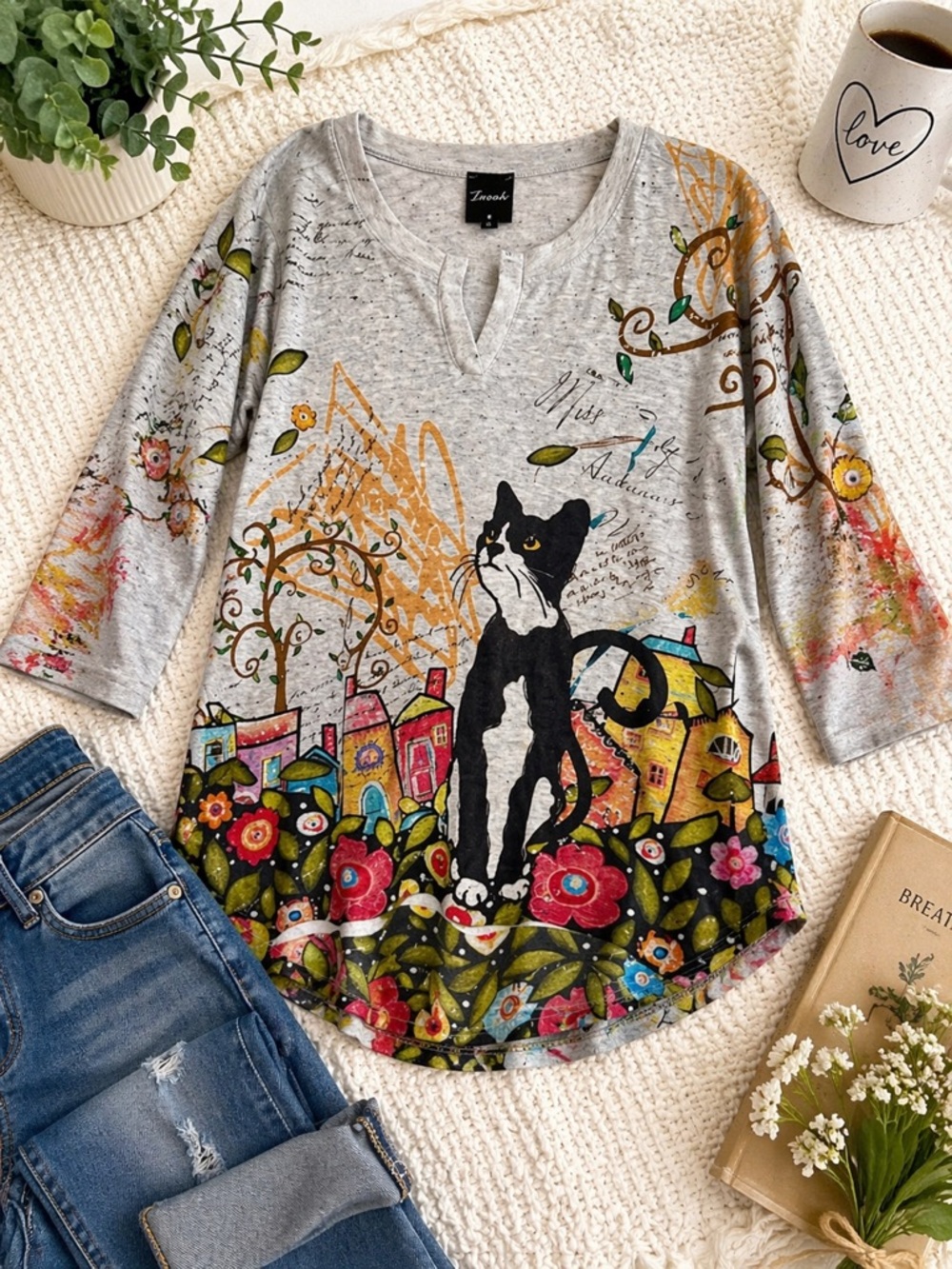 Inoah Cat Print Tunic Top Whimsical Art Graphic Gray Small